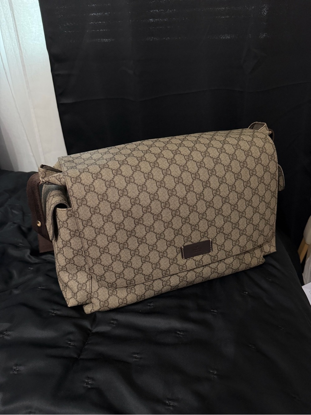 Gucci Brown Beige GG Canvas Diaper Bag with Dark Brown Trim